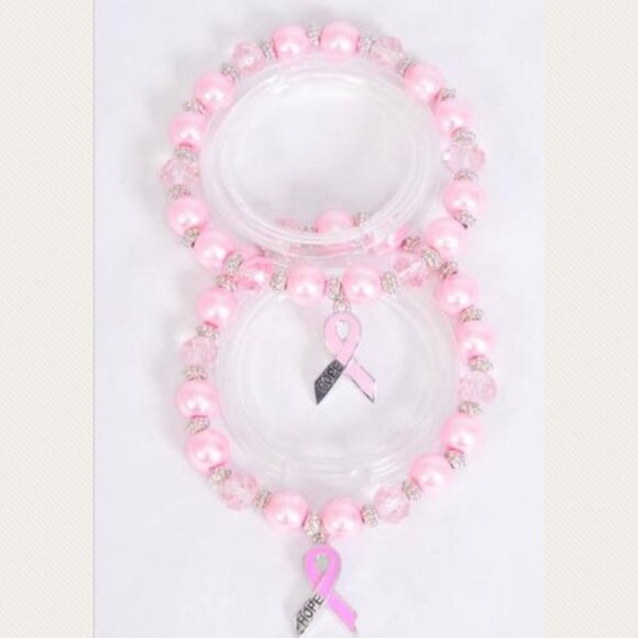 25819 1 Dozen Glass Pearl Crystal Pink Ribbon Hope Bracelet Wholesale - Picture 1 of 2